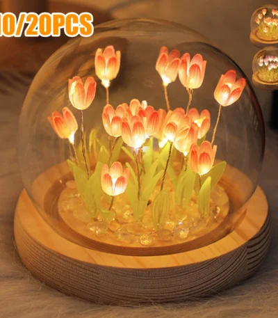 Handmade DIY Tulip Night Light with LED glow. Perfect gift or home decor lamp for cozy, romantic vibes. Portable & battery-powered. Shop now at VibyBuy.