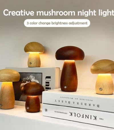 Rechargeable wooden mushroom night light with touch dimming and soft LED glow. Ideal for bedrooms, nurseries, and gifting. Shop cozy vibes at VibyBuy.